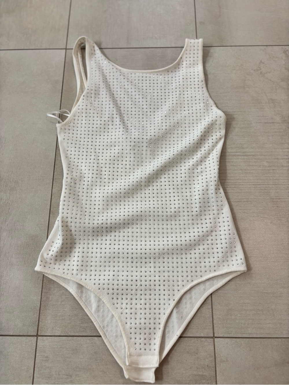 Zara White Rhinestone Low Cut Back Tank Bodysuit NWT